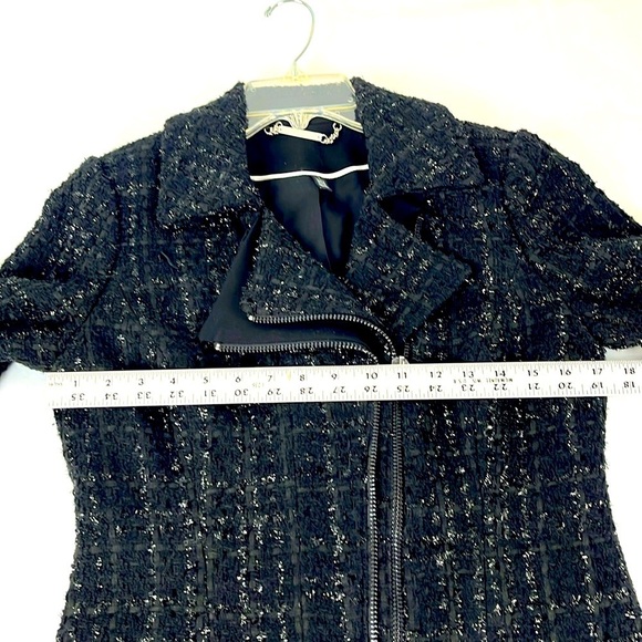 WHBM Tweed Blazer Jacket Moto Zip Peplum Collarless Black Size 2 - Picture 4 of 8